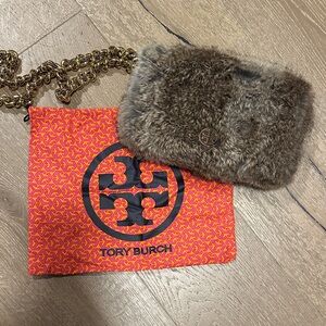 Tory Burch Brown Fur Clutch with Gold Chain